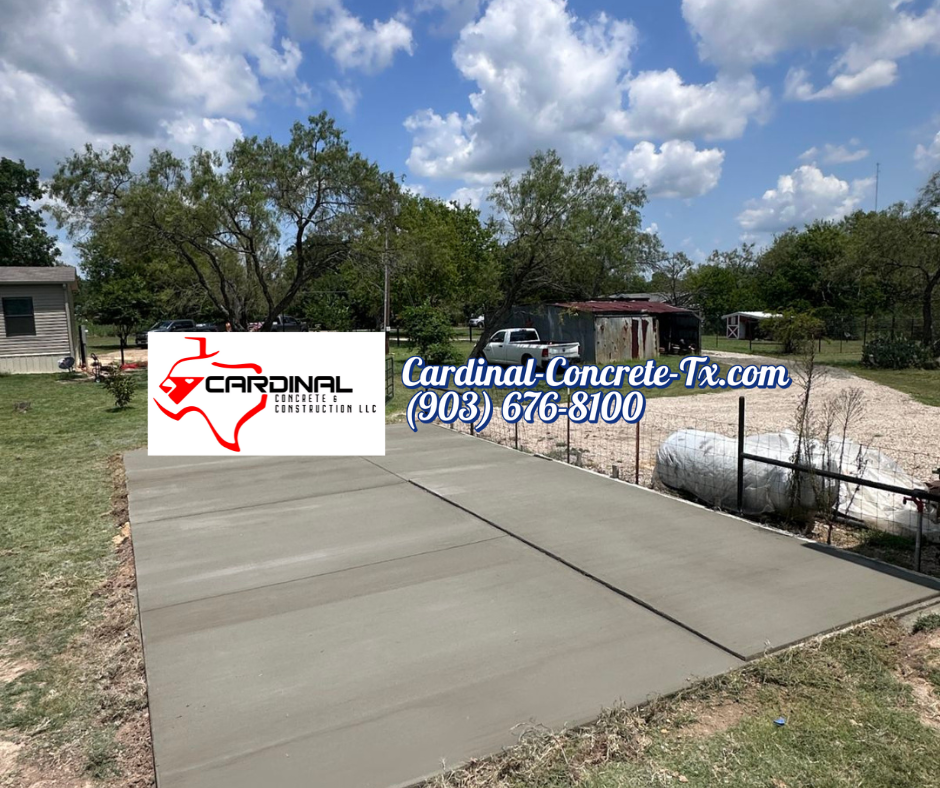 Concrete pad with raised section for a connex container and an outdoor BBQ hut being built on top. Cardinal Concrete pour in East Texas.
